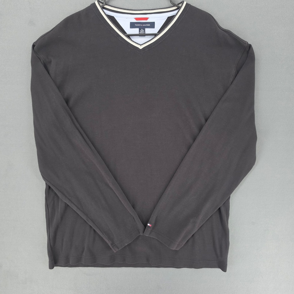 Tommy Hilfiger Mens XL Long Sleeve T-Shirt Black V-Neck Tipped Collar Cotton